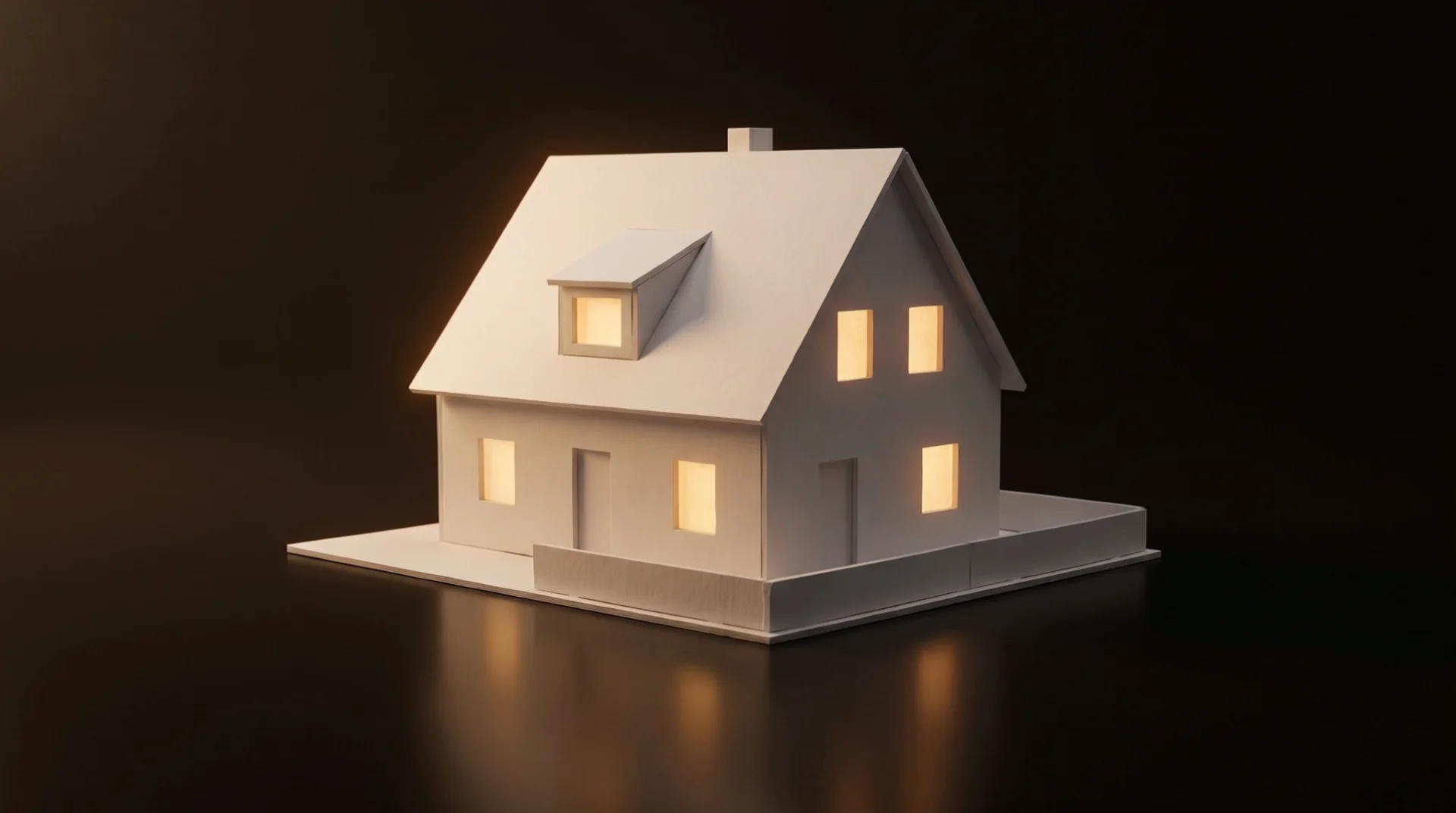 Architekturmodell eines Einfamilienhauses aus Karton, die Fenster leuchten